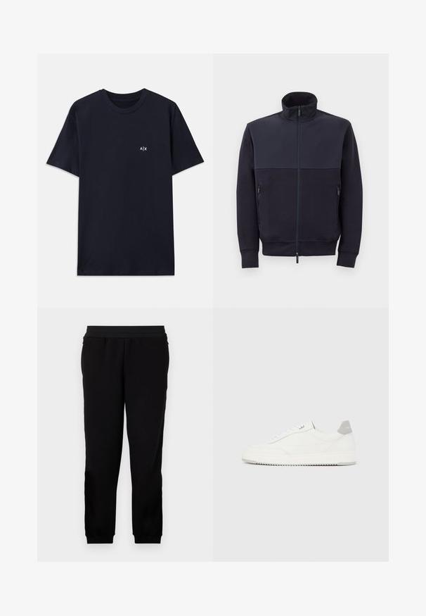 Marineblaue Zip-Jacke mit hohem Kragen, aus weichem Material gefertigt, mit einem einfarbigen oberen Paneel und zwei seitlichen Reißverschlusstaschen.; Marineblaue Baumwoll-T-Shirt mit kurzen Ärmeln und Rundhalsausschnitt. Mit einem kleinen weißen "A|X"-Logo auf der linken Brustseite.; Schwarze Sweatpants aus einem weichen Material, mit elastischem Bund, eng anliegenden Bündchen und Seitentaschen für zusätzlichen Komfort.; Weißer Sneaker mit niedrigem Schaft, grauem Fersenlaschen, weißen Schnürsenkeln und einer strukturierten Sohle, dargestellt vor einem schlichten hellen Hintergrund.