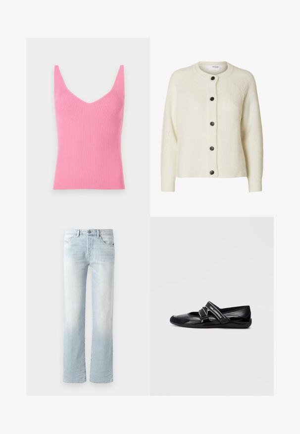 Strick-Cardigan in Cremefarbe mit langen Ärmeln, rundem Ausschnitt und fünf dunklen Knöpfen vorne.; Figurbetontes, pinkes, geripptes Tanktop mit tiefem V-Ausschnitt, breiten Schulterträgern und glatter Textur. Eignet sich sowohl zum Schichten als auch zum alleinigen Tragen.; Helleblaue Jeans aus Denim mit geradem Bein, ausgestattet mit einer Auswaschung, fünf Taschen und einem vorderen Knopfverschluss.; Schwarze Ballerinas mit glänzendem Finish, einem breiten Riemen mit Logo, offenen Seiten und einer gepolsterten Sohle für Komfort.