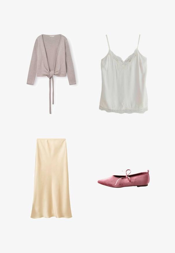 Gilet avant noué gris clair à manches longues, décolleté en V profond et poignets côtelés. Matière en tricot douce avec une texture lisse.; Camisole blanche sans manches avec fines bretelles et bordure en dentelle au niveau de l'encolure et de l'ourlet, fabriquée en tissu lisse.; Jupe midi en satin de couleur beige clair. Texture lisse, design fluide avec un ourlet légèrement évasé. Pas de fermetures ou d'ornements visibles.; Ballerine en velours rose avec bout pointu, semelle fine et nœud noué sur le dessus.