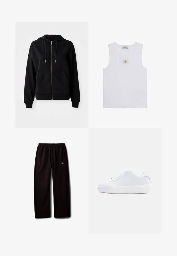 Sudadera con cremallera negra fabricada en un tejido suave. Cuenta con un bolsillo frontal tipo canguro, capucha ajustable con cordón y un logo bordado en el pecho.; Camiseta sin mangas blanca con etiqueta Calvin Klein Jeans en el pecho y una etiqueta cerca del escote sobre un fondo blanco liso.; Pantalones negros de pierna ancha con cintura elástica y bolsillos laterales, con un pequeño parche con el logo de Calvin Klein en el muslo derecho.; Zapatilla blanca de corte bajo con cierre de cordones, suela gruesa y parte superior lisa, mostrada desde el lado exterior sobre un fondo claro y sencillo.