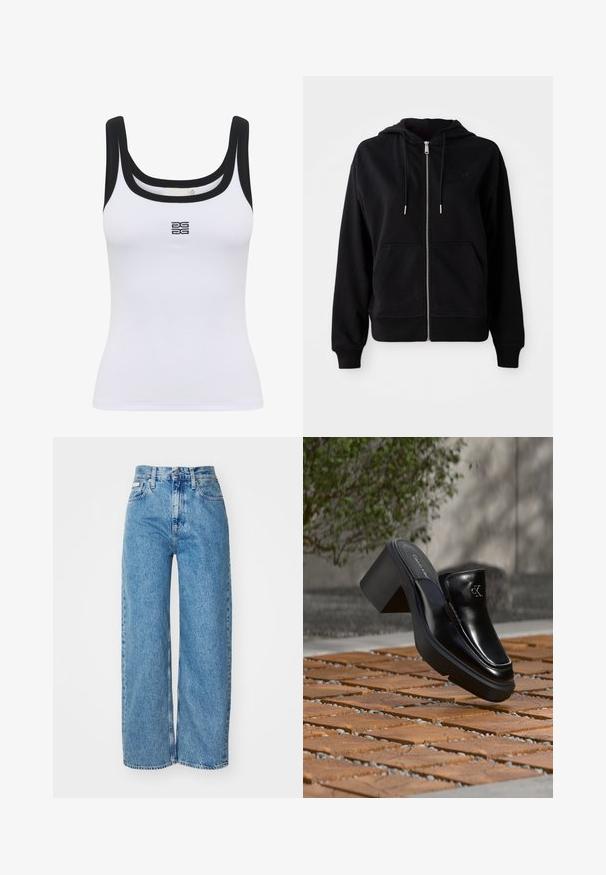 Hoodie zippé noir en tissu doux. Comprend une poche kangourou à l'avant, une capuche réglable avec cordon de serrage, et un logo brodé sur la poitrine.; Débardeur blanc côtelé avec un col arrondi et des bordures noires. Un logo est centré à l'avant. Le tissu semble doux et ajusté.; Jean large en denim bleu clair avec taille haute, ourlet effiloché et design à cinq poches. La texture usée ajoute de la profondeur au tissu.; Mule slip-on en cuir noir Calvin Klein avec talon bloc reposant sur des carreaux en bois à l'extérieur près d'une plante verte et d'un mur gris.