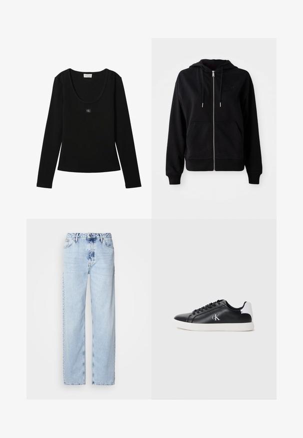Sudadera con cremallera negra fabricada en un tejido suave. Cuenta con un bolsillo frontal tipo canguro, capucha ajustable con cordón y un logo bordado en el pecho.; Top negro de manga larga acanalado con escote redondo y pequeño parche con el logo de Calvin Klein centrado en el pecho.; Jeans de pierna ancha en azul claro, confeccionados en denim, con una cintura alta, un lavado desgastado y un sutil patrón de tie-dye en la parte delantera.; Zapatillas sintéticas negras con un acabado suave, acento blanco en el talón, puntera redonda y cordones negros, con un logo plateado "ck" en el lateral.