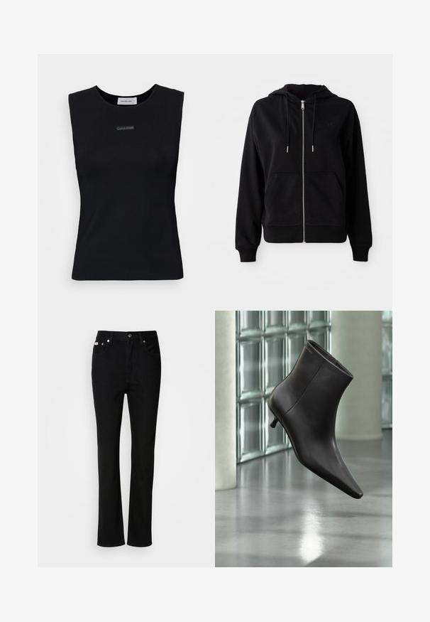 Hoodie zippé noir en tissu doux. Comprend une poche kangourou à l'avant, une capuche réglable avec cordon de serrage, et un logo brodé sur la poitrine.; Top sans manches noir en tissu lisse. Doté d'un col rond et d'un petit logo Calvin Klein au centre. Design simple et ajusté.; Jean noir à coupe droite, avec bouton et fermeture éclair à l'avant, passants de ceinture et cinq poches.; Bottine en cuir noir avec bout pointu et petit talon, présentée devant un mur en blocs de verre et un sol poli.