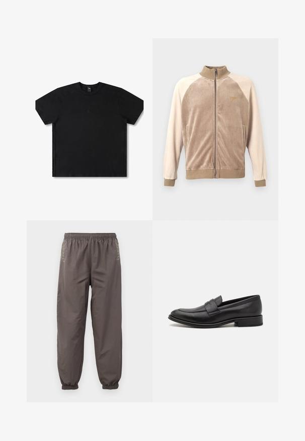 Velour zip-jakke i beige og lys tan, med ribbede krave og manchetter, sidelommer og subtilt logo-detajle på brystet.; Sort kortærmet t-shirt lavet af bomuld med rund hals, med et diskret logo i midten og en afslappet pasform.; Mørkegrå, elastiske bukser med en afslappet pasform. Har samlede manchetter og subtil broderi på siderne. Letvægtsstof.; Sort læderloafer med en glat finish, en dekorativ rem over vristen, rund tå og en lav stablet hæl.