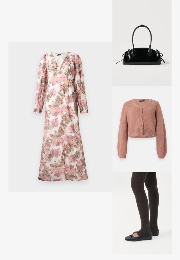 Støvet rose cropped strikket cardigan med lange ærmer og fire matchende dækkede knapper forneden.; Lang blomsterkjole med pink, lilla og beige blomster, lange pufærmer, V-halsudskæring og knaplukning foran.; Ben iført mørke ribbede leggings kombineret med sorte balletsko med små sløjfedetaljer på hvid baggrund.; Lille sort blank håndtaske med to lange håndtag og snøre-detaljer i siden på en ensfarvet lys baggrund.
