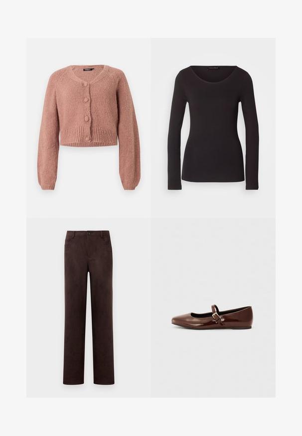Støvet rose cropped strikket cardigan med lange ærmer og fire matchende dækkede knapper forneden.; Sort langærmet top lavet af glat stof med rund halsudskæring og tætsiddende silhuet; har ingen mønstre eller detaljer.; Mørkebrun suedebukser med lige ben, frontknap og lynlås, bæltesløjfer og sidelommer.; Brun patentlæder balletflade med firkantet tå og strop med en lille guldbuckle. Glat tekstur, lav hæl og minimalistisk design.