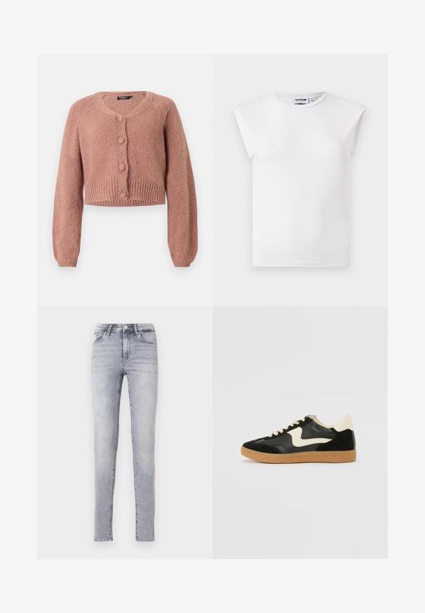 Stofroze cropped gebreide cardigan met lange mouwen en vier bijpassende bedekte knopen aan de voorkant.; Witte mouwloze top met ronde hals en gewatteerde schouderdetails, gemaakt van effen stof, weergegeven op een neutrale achtergrond.; Lichtgrijze skinny jeans van denim, met een hoge taille, riemlussen en een klassieke vijf-pocket ontwerp met subtiele vervaging.; Zwarte suède en leren sneaker met een crèmekleurige zij-swoosh en lichte crèmekleurige hiel. Voorzien van beige veters en een gumrubberen zool.