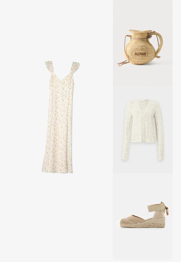 Cardigan en tricot ivoire avec un col en V et des manches longues, présentant un motif texturé en forme de vague et un détail noué à l'avant.; Robe longue blanche avec un petit imprimé floral rose, bretelles volantées et décolleté en V.; Espadrille beige avec une tige en toile, un talon texturé tissé et une semelle en jute tressé ; dispose d'une bride à la cheville pour un maintien sécurisé.; Sac à main rond en paille tissée avec une anse en corde et "ALEMAIS" brodé sur le côté en fil marron.
