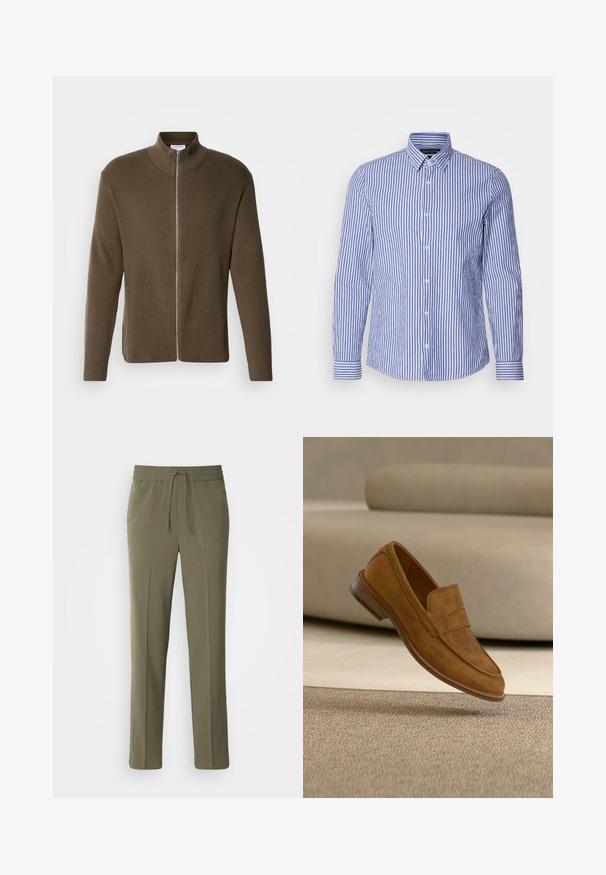Lindbergh ZIP CARDIGAN - Cardigan - olive; Blå og hvidstribet langærmet skjorte med knapper lavet af vævet bomuld, med klassisk krave og rundet kant. Udstyret med perleknapper.; Olivengrønne, letvægtsbukser med elastisk talje og justerbar snor; lige ben design og glat tekstur.; Brun ruskind herreloafer svævende over et beige tæppe med en matchende beige sofa i baggrunden.
