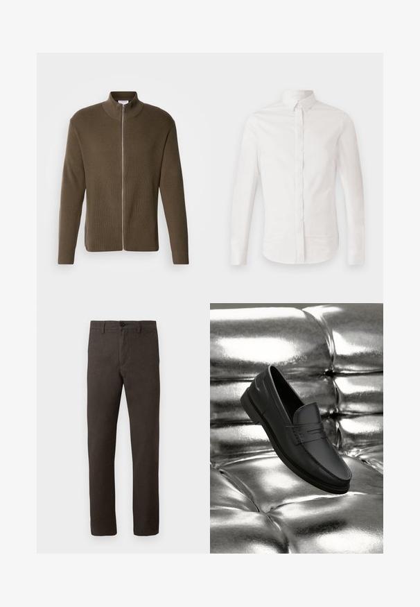 Lindbergh ZIP CARDIGAN - Neuletakki - olive; Pitkähihaisessa valkoisessa paidassa on sileä puuvillakangas, klassinen kauluskollaari, nappisuljenta edessä ja kaareva helma, jossa on huomaamaton brodeerattu logodetail.; Ruskeat housut, jotka on valmistettu tekstuurista kankasta, suoranlahkeinen malli, yksittäinen nappisuljenta ja minimalistinen tyyli.; Mustat nahkaiset loaferit sileällä pinnalla, joissa on ompeludetaljit ja klassinen muotoilu, esitetty metallisen kiiltävän taustan edessä.