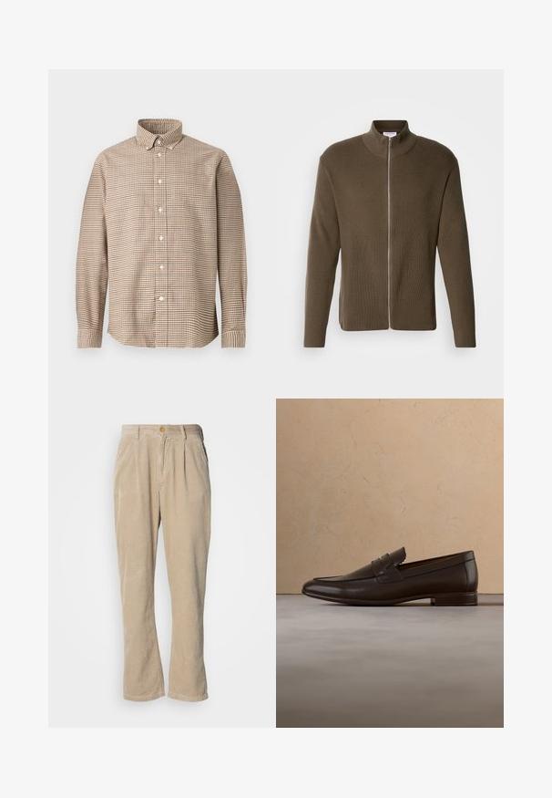 Lindbergh ZIP CARDIGAN - Vest - olive; Beige en bruine geruite lange mouwen knoopshirt met een knoop- naar beneden kraag, weergegeven op een effen achtergrond, vooraanzicht.; Beige corduroy broek met een recht gesneden silhouet, voorzien van plooien bij de taille en een knoopsluiting aan de voorkant. Gelaagde textuur.; Donkerbruine leren loafer die zweeft boven een beige tapijt met op de achtergrond een gebogen beige bank.