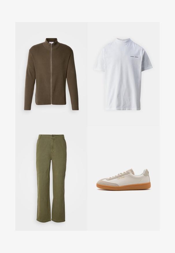 Lindbergh ZIP CARDIGAN - Cardigan - olive; Hvid bomulds t-shirt med høj halsudskæring og korte ærmer. Har "SAMSØE SAMSØE" logo i sort på forsiden. Glat tekstur.; Oliven grønne bomuldsbukser med lige ben, synlig knaplukning og syninger ved knæene for ekstra detaljer og struktur.; Hvide og beige lavtoppede sneakers med gummisål, hvide snørebånd, detaljer i ruskind og guld "Paul Smith" logo på siden.