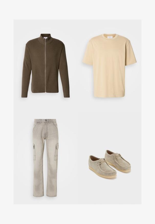 Lindbergh ZIP CARDIGAN - Gilet - olive; T-shirt beige à manches courtes, fabriqué en tissu doux. Il présente un col rond et une coupe décontractée sans motifs ni accents visibles.; Pantalons cargo beiges en denim, dotés de deux poches latérales, d'une coupe droite et de coutures visibles. Fini texturé avec un aspect délavé.; Chaussures en daim beige avec un bout arrondi, une texture douce et une semelle en caoutchouc. Présentent un laçage minimal et un design simple.