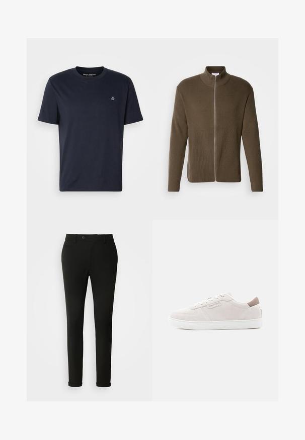Lindbergh ZIP CARDIGAN - Kardigan - olive; Tumesinine puuvillane T-särk lühikeste varrukatega, ümmarguse kaelusega ja rinnal väikese tikandiga logoga. Sile tekstuur, igapäevane disain.; Mustad kohandatud püksid, mis on peenikesed, sujuva disainiga ja vöökummidega, ühe tagataskuga ja sileda kangatekstuuriga.; Hele roosa seemisnahast vabaajajalats valge kummist tallaga, millel on õmmeldud muster ning väike logo detail küljel ja kontsa tagaosas.