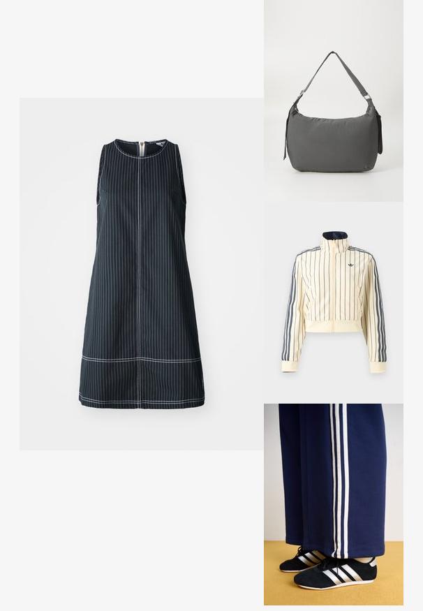 Kreemjas lühike jope lukuga, tumesiniste vertikaalsete triipudega, kolm tumesinist triipu varrukatel ning Adidas trefoil logo rinnal.; Kätsemaid sinine kleit valgete vertikaalsete triipudega, ümar kaelus ja seljaosa lukuga. Omab sirget lõiget ja kontrastseid õmblusi.; Tumesinised spordipüksid kolme valge vertikaalse triibuga ja mustad športlikud kingad hõbedaste triipudega ning tekstuuriga pinnaga. Kollane põrand.; Hall riidest õlavöökott, millel on kumer kuju, sile tekstuur, reguleeritav rihm ja peene reljeefne logo esiküljel.