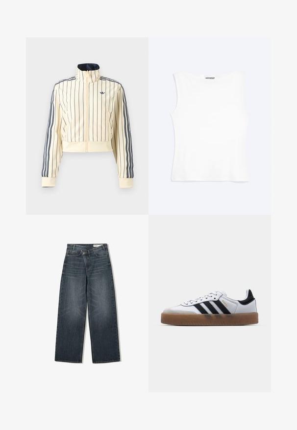 Roomkleurige cropped jas met ritssluiting, marineblauwe verticale strepen, drie marineblauwe strepen op de mouwen en Adidas trefoil-logo op de borst.; Wit nauwsluitend mouwloos tanktopje met een ronde halslijn en minimalistisch ontwerp, met het label "WEEKDAY" aan de binnenkant van de kraag.; Donker gewassen spijkerbroek met een wijde pijpdesign, voorzien van een hoge taille, vijf zakken en subtiele wassing aan de voorkant.; Witte leren sneakers met zwarte strepen, gumrubberen buitenzool, ronde neus, vetersluiting en een zachte grijze suède neuskap.