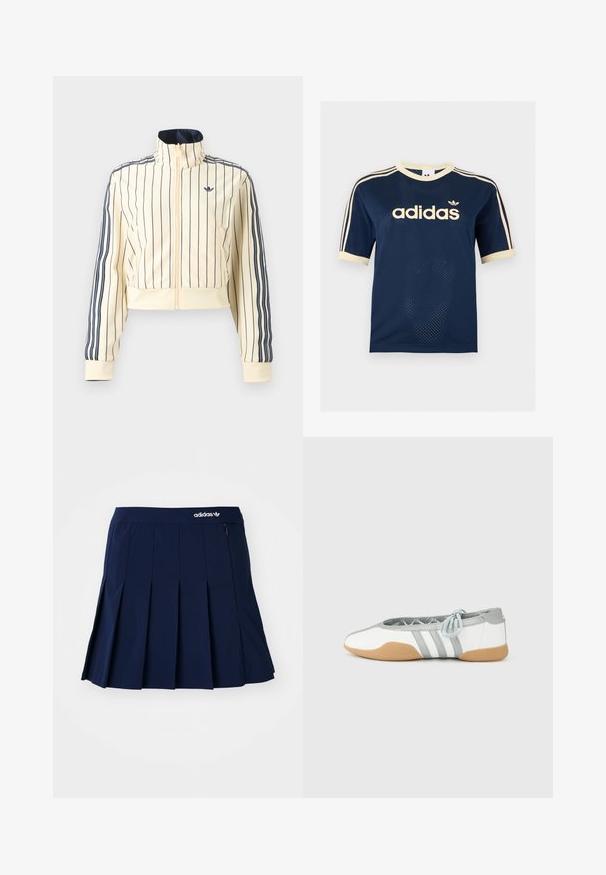 Kremfarvet cropped jakke med lynlås med marineblå lodrette striber, tre marineblå striber ned langs ærmerne og Adidas trefoil-logo på brystet.; Adidas mørkeblå mesh t-shirt med korte ærmer med cremefarvet kant, tre cremefarvede striber på ærmerne og Adidas-logo på brystet.; Marineblå plisseret nederdel lavet af letvægtsstof; har en elastisk talje og en lille lynlås-lomme, med et hvidt Adidas-logo på forsiden.; Hvide og grå balletsko med rund tå og elastisk snøre, med tre grå striber og en beige gummisål.