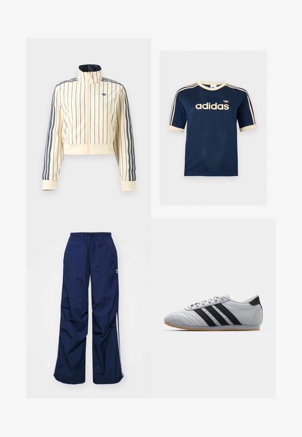 Kreemjas lühike jope lukuga, tumesiniste vertikaalsete triipudega, kolm tumesinist triipu varrukatel ning Adidas trefoil logo rinnal.; Tumesinine Adidas võrgust lühikeste varrukatega särk kreemika äärisega, kolm kreemikat triipu varrukatel ja Adidas logo rinnal.; Tumesinised, kergekaalulised püksid elastse vöökoha ja nööriga, millel on valged küljeribad ja väike logo ees. Lahtise lõikega.; Hallid spordijalatsid sujuva nahkviimistlusega, millel on kolm musta triipu, ümar toes ja kummine tald.