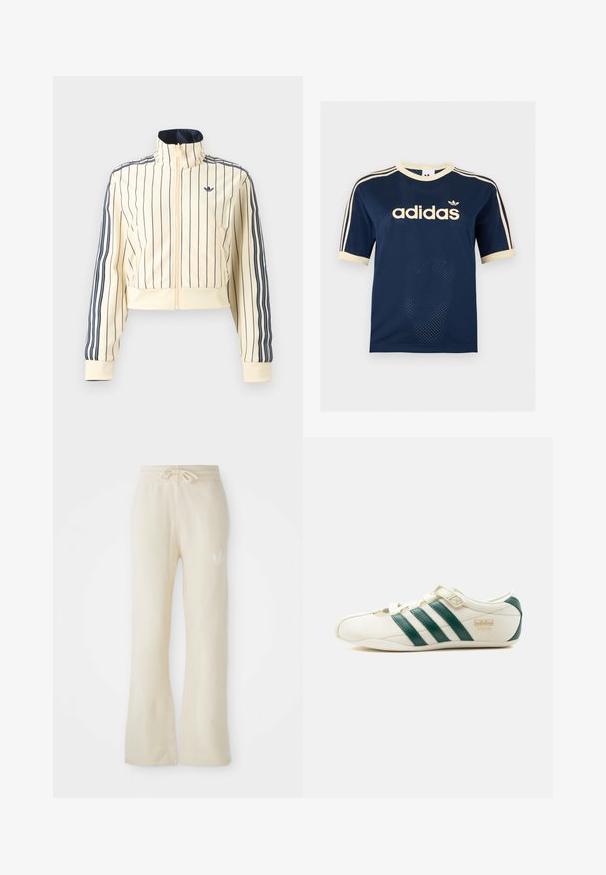Veste courte crème zippée avec des rayures verticales bleu marine, trois rayures bleu marine sur les manches et logo Adidas trefoil sur la poitrine.; T-shirt à manches courtes en mesh bleu marine Adidas avec bordure crème, trois bandes crème sur les manches et logo Adidas sur la poitrine.; Pantalons de sport couleur crème avec une texture douce, dotés d'une taille à cordon de serrage et de jambes évasées. Détail de logo subtil sur la hanche gauche.; Baskets blanches à rayures vertes, avec une sangle à velcro et le texte « Tokyo » sur le côté, vues de l'extérieur sur un fond blanc.