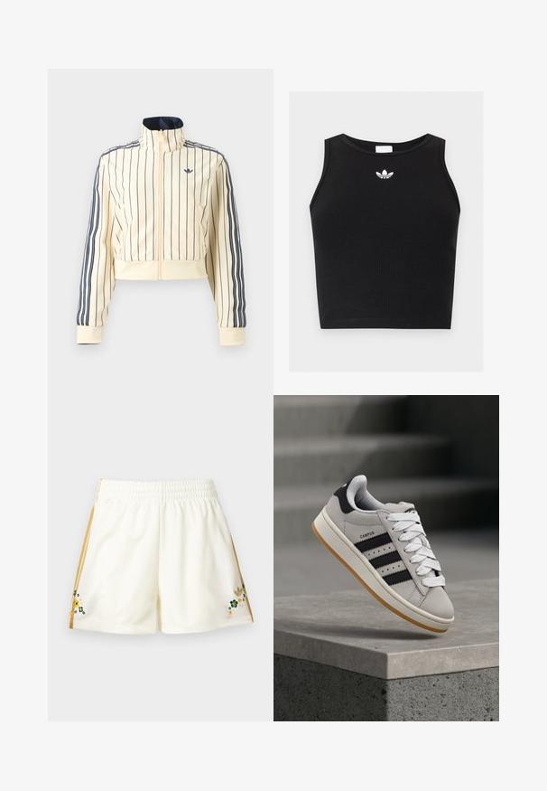 Kremfarvet cropped jakke med lynlås med marineblå lodrette striber, tre marineblå striber ned langs ærmerne og Adidas trefoil-logo på brystet.; Sort ribbet ærmeløs crop top med rund halsudskæring og lille hvid Adidas trefoil-logo centreret nær kraven.; Kremfarvede atletikshorts med gyldne sidelister og små broderede grønne, gule og hvide blomster nær kanten på begge sider.; Grå Adidas Campus-sneaker med sorte striber og hvide snørebånd, der svæver over en betonkant med trapper i baggrunden.