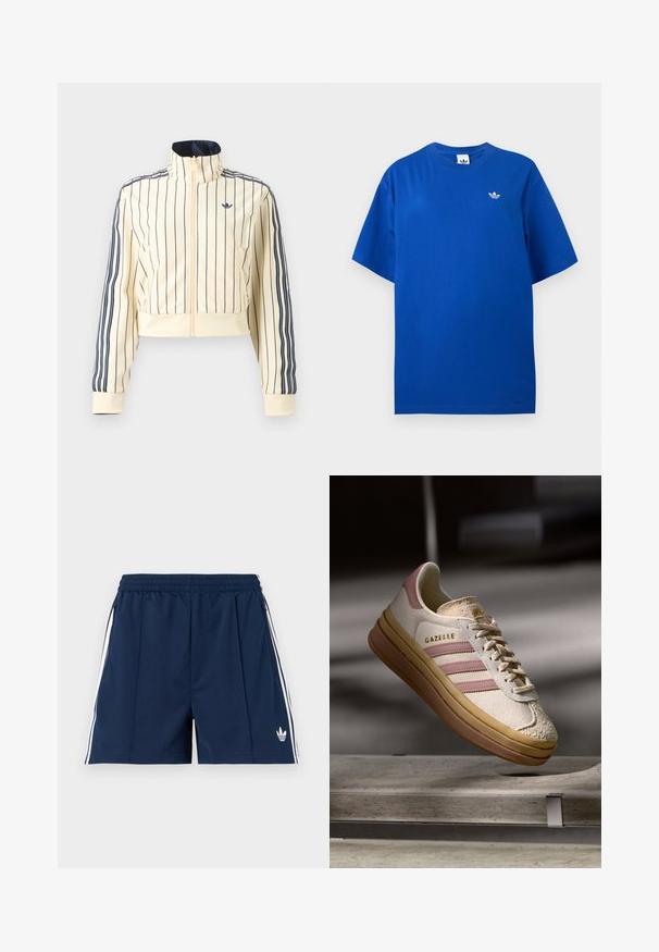 Roomkleurige cropped jas met ritssluiting, marineblauwe verticale strepen, drie marineblauwe strepen op de mouwen en Adidas trefoil-logo op de borst.; Blauw Adidas T-shirt met korte mouwen en ronde hals, met een klein wit Adidas trefoil-logo op de linkerborst.; Donkerblauwe sportshorts met een elastische tailleband, witte zijstrepen, zakken met rits en een klein wit Adidas-logo op het linkerbeen.; Witte suède sneakers met roze accenten, voorzien van drie strepen en een gouden logo. Textuur in de neuskap en een bruine rubberen zool. Klassiek ontwerp.