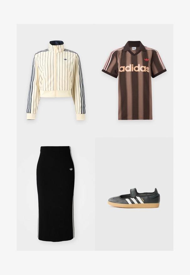 Cremefarbenes, kurz geschnittenes Reißverschluss-Jacke mit dunkelblauen vertikalen Streifen, drei dunkelblaue Streifen an den Ärmeln und Adidas-Trefoil-Logo auf der Brust.; Braunes gestreiftes Adidas-Poloshirt mit V-Ausschnitt, bordeauxrotem Kragen und rotem Logo. Mit weißen und roten Schulterstreifen, kurzen Ärmeln.; Schwarzer, gerippter Midikleid mit einem taillierten Design, das weiße Seitenstreifen und ein kleines weißes Emblem auf der linken Seite aufweist.; Schwarze Leder- und Wildledersneaker mit einem Klettverschluss, ausgestattet mit drei weißen Streifen und einer Gummisohle, beschriftet mit "SAMBA" an der Seite.