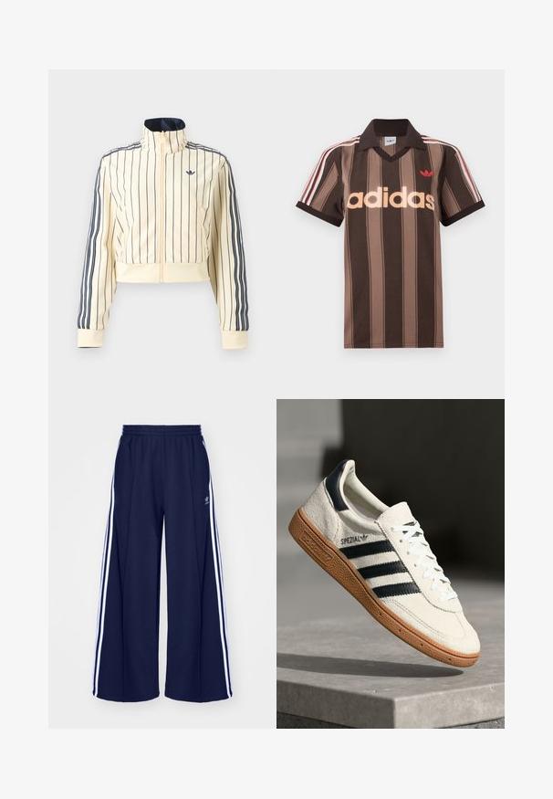 Veste courte crème zippée avec des rayures verticales bleu marine, trois rayures bleu marine sur les manches et logo Adidas trefoil sur la poitrine.; Polo Adidas rayé marron avec col en V, col bordeaux, et logo rouge. Comprend des rayures blanches et rouges sur les épaules, manches courtes.; adidas Originals PANT - Pantalon de survêtement - night indigo; Baskets en daim blanc avec des bandes navy, semelle en caoutchouc gomme, tige texturée, bout rond et lacets ; arbore un logo sur le côté et sur la languette.