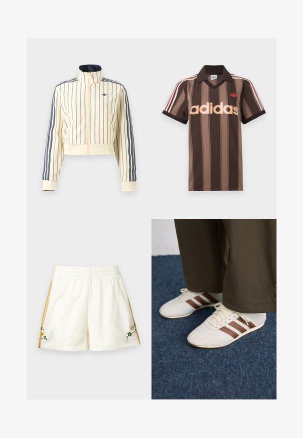 Roomkleurige cropped jas met ritssluiting, marineblauwe verticale strepen, drie marineblauwe strepen op de mouwen en Adidas trefoil-logo op de borst.; Bruine gestreepte Adidas polo met V-hals, bordeauxrode kraag en rood logo. Heeft witte en rode schouderstrepen, korte mouwen.; Roomkleurige sportkorte broek met gouden strepen aan de zijkanten en kleine geborduurde groene, gele en witte bloemen nabij de zoom aan beide zijden.; Witte sneakers met bruine strepen, gedragen met een broek in bruin, op een blauwe vloerbedekking.