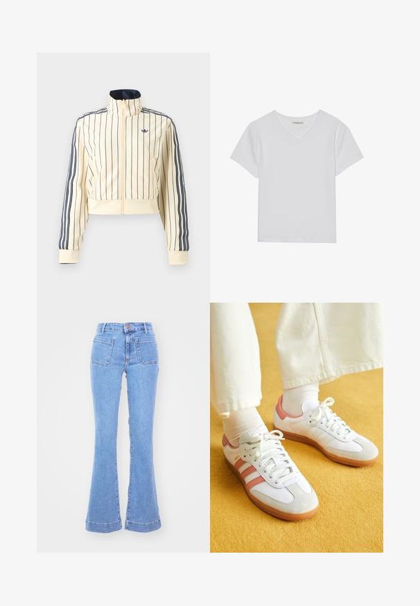 Kreemjas lühike jope lukuga, tumesiniste vertikaalsete triipudega, kolm tumesinist triipu varrukatel ning Adidas trefoil logo rinnal.; Valge lühikeste varrukatega V-kaelusega T-särk, mis on valmistatud ribakudumist. Omab puhtat disaini sirge alläärega ja minimaalsete detailidega.; Hele sinised kõrge vöökohaga teksapüksid esikülje taskute ja laiuvate sääreosadega valgel taustal.; Valged sportlikud jalanõud roosa aktsendiga, suede ja naha materjalidest, ümmargune varvas ja kummitald, näidatud heledate sokkide kõrval kollasel taustal.
