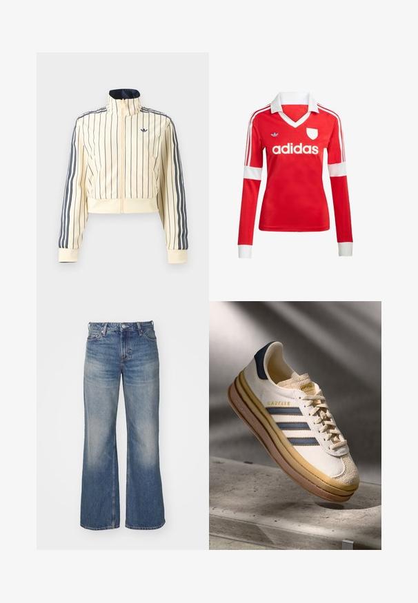 Krémová krátka bunda na zips s tmavomodrými vertikálnymi pruhmi, tromi tmavomodrými pruhmi na rukávoch a logom Adidas trefoil na hrudi.; Červený futbalový dres s dlhým rukávom a bielym golierom a manžetami. Na ramenách sú tri biele pruhy a výrazne zobrazené logo "adidas".; Svetlomodré džínsy s širokým strihom, s vyblednutou farbou, piatimi vreckami a gombíkovým zapínaním. Dôkladné šitie pozdĺž švov.; Tenisky Adidas Gazelle so smotanovým semišovým horným dielom, modrými koženými akcentmi, tromi modrými pruhmi, béžovou medzipodrážkou a hnedou gumovou podrážkou.