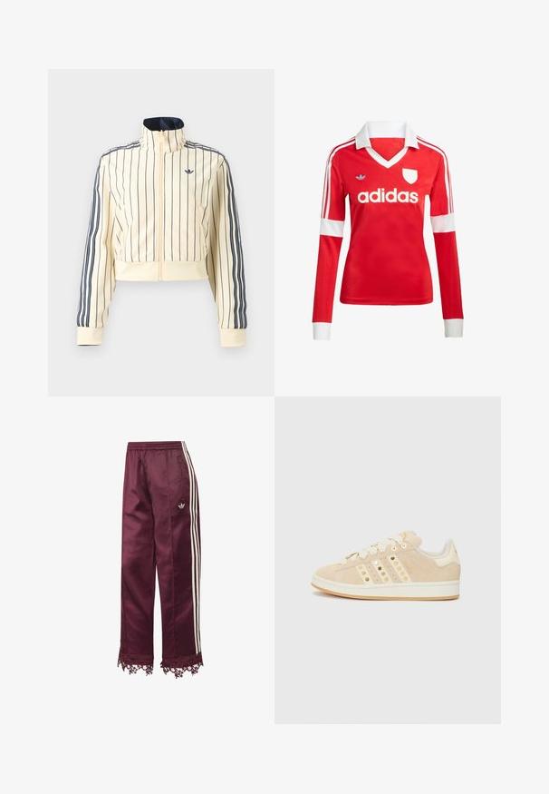 Krémová krátka bunda na zips s tmavomodrými vertikálnymi pruhmi, tromi tmavomodrými pruhmi na rukávoch a logom Adidas trefoil na hrudi.; Červený futbalový dres s dlhým rukávom a bielym golierom a manžetami. Na ramenách sú tri biele pruhy a výrazne zobrazené logo "adidas".; Tmavočervené saténové tepláky s bielymi bočnými pásikmi, elastickým pásom, vreckami na zips a čipkovaným lemom na spodku.; adidas Originals CAMPUS 00S W - Tenisky - sand strata/cream white/gold-coloured