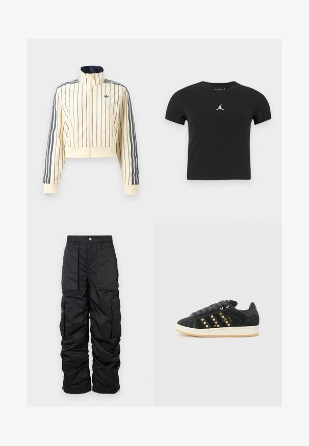Chaqueta corta cremosa con cremallera, con rayas verticales azul marino, tres rayas azul marino en las mangas y logo trefoil de Adidas en el pecho.; Camiseta corta negra de manga corta con el logo blanco de Jumpman centrado en el pecho sobre un fondo liso.; Pantalones cargo negros aislados con una textura suave, que cuentan con múltiples bolsillos, un dobladillo con cremallera y un cierre de botón en la cintura.; adidas Originals CAMPUS 00S W - Zapatillas - core black/carbon/gold-coloured
