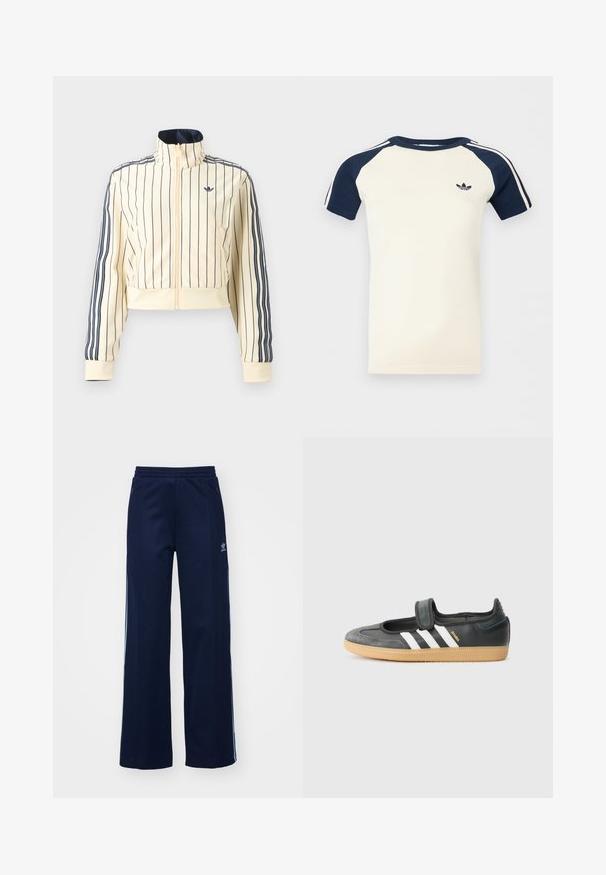 Chaqueta corta cremosa con cremallera, con rayas verticales azul marino, tres rayas azul marino en las mangas y logo trefoil de Adidas en el pecho.; Camisa de manga corta color crema con mangas raglán en azul marino, rayas blancas en las mangas y un pequeño logo negro de Adidas en el pecho.; Pantalones de chándal de mezcla de algodón en color marino con diseño de pierna ancha, cinturilla elástica y bolsillos con cremallera, con franjas laterales blancas y detalle de logotipo.; Zapatilla de deporte de cuero negro y ante con una correa de Velcro, que presenta tres rayas blancas y una suela de goma, etiquetada "SAMBA" en el lateral.