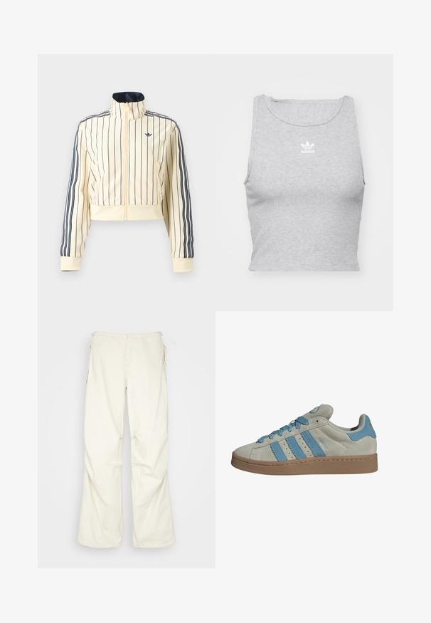 Cremefarbenes, kurz geschnittenes Reißverschluss-Jacke mit dunkelblauen vertikalen Streifen, drei dunkelblaue Streifen an den Ärmeln und Adidas-Trefoil-Logo auf der Brust.; Graues, ärmelloses Crop-Top aus weichem Stoff, mit Rundhalsausschnitt und kleinem weißen Adidas-Logo auf der Brust.; BDG Urban Outfitters BAGGY - Stoffhose - cream; Helle graue Wildledersneaker mit blauen Streifen, runder Spitze, flacher heller Gummisohle und durchbrochenen Details an den Seiten. "CAMPUS"-Schriftzug an der Seite.