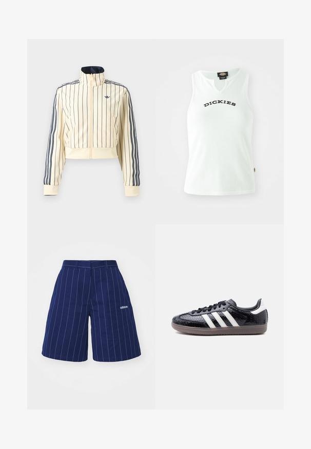 Cremefarbenes, kurz geschnittenes Reißverschluss-Jacke mit dunkelblauen vertikalen Streifen, drei dunkelblaue Streifen an den Ärmeln und Adidas-Trefoil-Logo auf der Brust.; Weißes, geripptes Tanktop mit V-Ausschnitt, das das Wort "DICKIES" in fetten schwarzen Buchstaben auf der Brust trägt. Keine Ärmel.; Navyblaue Shorts mit weißen vertikalen Streifen, aus Baumwolle gefertigt, mit Gürtelschlaufen am Bund und einem gestickten Logo am linken Saum.; Schwarzer Sneaker mit flachem Profil und texturiertem Schlangenledermuster, weißen Streifen an der Seite, schwarzen Schnürsenkeln und einer durchscheinend braunen Sohle.
