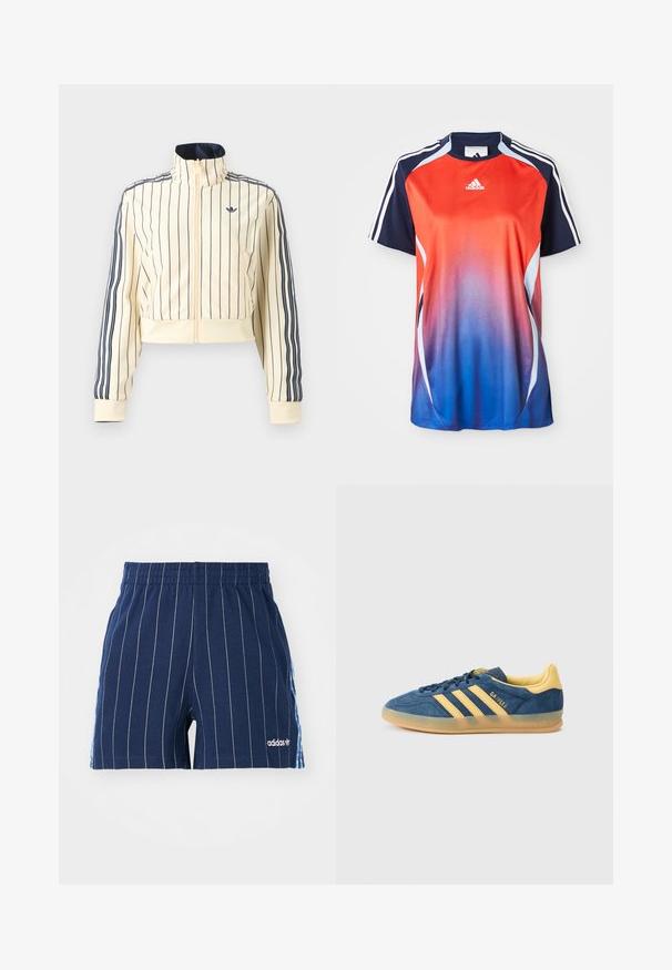 Cremefarbenes, kurz geschnittenes Reißverschluss-Jacke mit dunkelblauen vertikalen Streifen, drei dunkelblaue Streifen an den Ärmeln und Adidas-Trefoil-Logo auf der Brust.; Adidas Sportshirt mit kurzen Ärmeln in einem Farbverlauf von Rot zu Blau, mit marineblauen Akzenten und weißen Streifen an den Schultern.; Dunkelblaue Shorts mit weißen Streifen, elastischem Bund und Adidas-Logo. Mit blauen Akzenten an den Seiten, aus einem Baumwoll-Mischgewebe gefertigt.; Blauer Wildleder-Sneaker mit gelben Akzenten, drei gelben Streifen, strukturierter Zunge und durchsichtiger Kaugummi-Außensohle. Markenname "Gazelle" sichtbar.