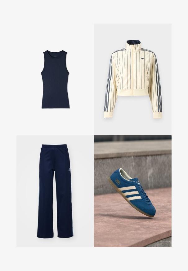 Roomkleurige cropped jas met ritssluiting, marineblauwe verticale strepen, drie marineblauwe strepen op de mouwen en Adidas trefoil-logo op de borst.; Marineblauw mouwloos geribbeld tanktop met ronde hals, nauwsluitende pasvorm en zonder zichtbare patronen of logo's.; Marineblauwe katoenen joggingsbroek met een brede pijpdesign, elastische tailleband en ritszakken, voorzien van witte zijstrepen en logo-detail.; Blauwe suède sneaker met crèmekleurige strepen en veters, zool van gumrubber, gestructureerd oppervlak, afgeronde neus en merkopdruk aan de zijkant.