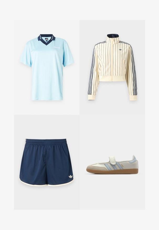Veste courte crème zippée avec des rayures verticales bleu marine, trois rayures bleu marine sur les manches et logo Adidas trefoil sur la poitrine.; Polo bleu clair à manches courtes avec un col navy. Rayures verticales et logo en accent à l'avant. Tissu lisse et léger.; Short de sport bleu marine avec taille élastique, bordure blanche, tissu mesh respirant et logo Adidas sur la jambe inférieure droite.; adidas Originals SAMBA JANE BALLERINA - Babies - cloud white/halo blue