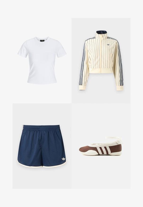 Roomkleurige cropped jas met ritssluiting, marineblauwe verticale strepen, drie marineblauwe strepen op de mouwen en Adidas trefoil-logo op de borst.; Witte aansluitende T-shirt met korte mouwen, ronde hals en een klein zwart label aan de binnenkant van de kraag.; Marineblauwe sportshorts met elastische tailleband, witte bies, ademende meshstof en Adidas-logo op het onderste rechterbeen.; Bruine en witte ballerinaschoenen met drie witte strepen en een strik om de enkel op een effen lichte achtergrond.
