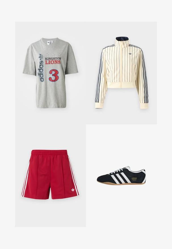 Roomkleurige cropped jas met ritssluiting, marineblauwe verticale strepen, drie marineblauwe strepen op de mouwen en Adidas trefoil-logo op de borst.; Grijze katoenen t-shirt met het "adidas" logo, de tekst "KINGSTON LIONS" in rood en zwart, en een grote rode "3" grafiek op de voorkant. Korte mouwen.; Rode atletische shorts met elastische tailleband, witte zijstrepen, zakken met rits en een klein wit Adidas-logo op het voorste linkerbeen.; Zwarte suède sneaker met witte drie strepen, gouden logo en een bruine rubberen zool. Heeft een laag profiel vetersluiting ontwerp.