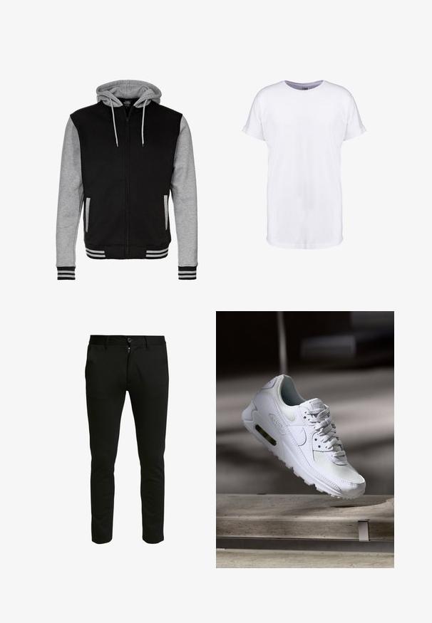 Schwarze und graue Zip-Hoodie mit einer Kapuze mit Kordelzug, gerippten Manschetten und Saum sowie zwei seitlichen Taschen. Hergestellt aus weichem Baumwollmischgewebe.; Weißes Baumwoll-T-Shirt mit kurzen Ärmeln, Rundhalsausschnitt und lockerer Passform. Glatte Textur und keine sichtbaren Muster oder Designs.; Schwarze, taillierte Hose aus einem weichen Stoff. Mit einem Reißverschluss und einem Knopfverschluss, zwei Eingrifftaschen und einer sauberen, glatten Oberfläche.; Weiße Nike Air Max 90 Sneaker mit einem Obermaterial aus Mesh und Leder, durchlässigem Zehenbereich und einer sichtbaren Air-Einheit in der Ferse.