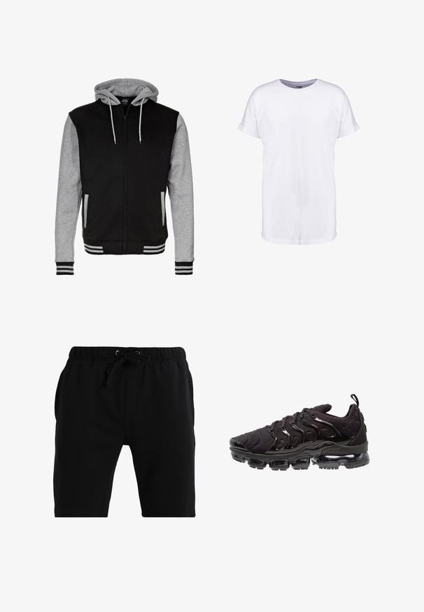 Sort og grå lynlås hoodie med snørrelåg, ribbede manchetter og kant samt to sidelommer. Fremstillet af blødt bomuldsblandingsstof.; Neutral hvid kortærmet t-shirt med op rullede ærmekanter og rund halsudskæring, vist på en hvid baggrund.; Sorte bomulds shorts med elastic waistband og snoretræk, sidelommer og en tætsiddende design. Glat tekstur og knælængde.; Sorte atletiksko med et tekstureret stofoverdel, metalliske detaljer og en markant luftfyldt sål. Har distinkte bølge-lignende designelementer.