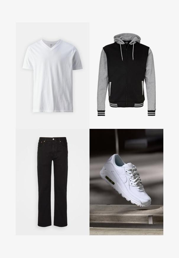 Schwarze und graue Zip-Hoodie mit einer Kapuze mit Kordelzug, gerippten Manschetten und Saum sowie zwei seitlichen Taschen. Hergestellt aus weichem Baumwollmischgewebe.; Kurzärmliges, V-Ausschnitt T-Shirt aus Baumwolle in Weiß. Hat ein einfaches Design mit glatter Textur und lockerer Passform.; Schwarze gerade geschnittene Jeans aus Baumwolle. Verfügt über fünf Taschen, einen Metallknopf und orangefarbene Nähte an der Vorderseite.; Weiße Lederturnschuhe mit strukturierten Oberflächen, gepolstertem Kragen und sichtbarer Luftpolsterung in der Sohle. Verfügt über Schnürsenkel und ein minimalistisches Design.