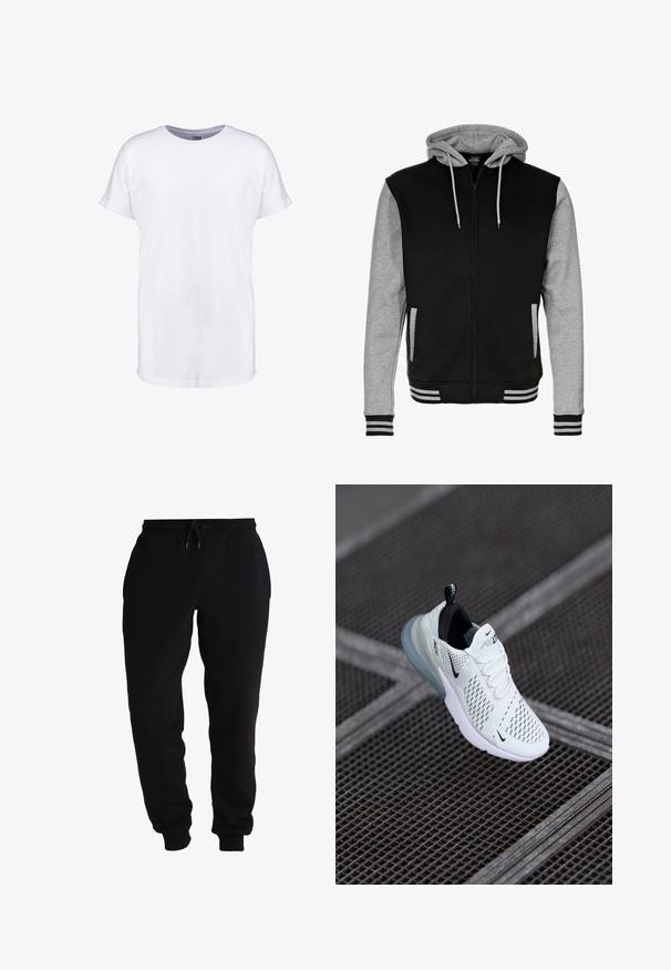 Sudadera con cremallera en negro y gris, con capucha ajustable, puños y dobladillo de canalé, y dos bolsillos laterales. Fabricada en una suave mezcla de algodón.; Camiseta blanca lisa de manga corta con puños remangados y cuello redondo, mostrada sobre un fondo blanco.; Pantalones de chándal negros hechos de tela suave, con una cintura elástica y cordón, aberturas de pierna ajustadas y bolsillos laterales.; Zapatilla deportiva blanca con parte superior de malla perforada, acentos negros, cordones visibles y una suela de amortiguación de aire translúcida.
