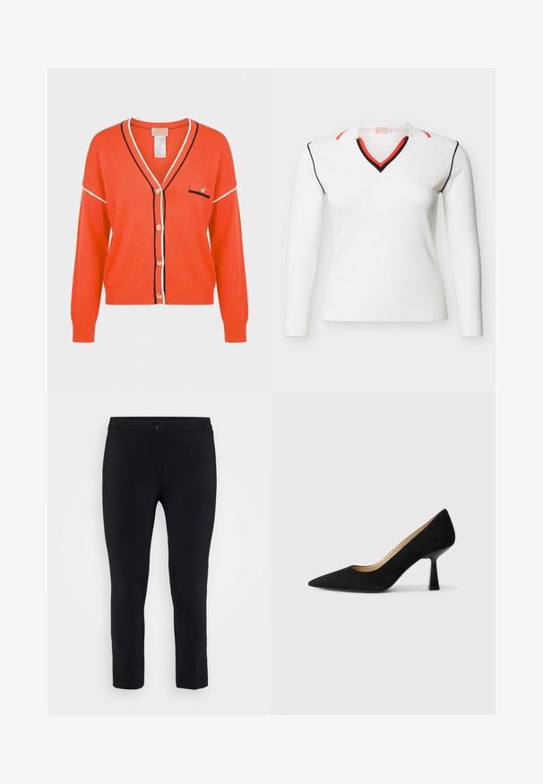 Orange cardigan med lange ærmer, V-hals, knapper foran og detaljer i sort og hvid ved kanterne samt en lille brystlomme med knap.; Hvid langærmet V-hals trøje med sort og rød kant på krave, skuldre og ærmesømme, vist på en ensfarvet baggrund.; Sorte skræddersyede bukser med en tætsiddende design, glat tekstur og knaplukning i taljen. Ankellængde med minimal detaljering.; Sorte ruskinds højhælede pumps med spids tå, der har en blank sort blokhæl og en glat indvendig foring.