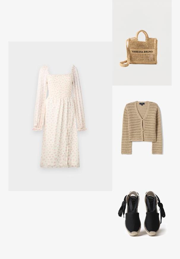 Cárdigan tejido de crochet beige con mangas largas, escote en V, dos botones frontales y un corte ligeramente cropped.; Vestido floral de tejido ligero con escote cuadrado, corsé fruncido, mangas largas abullonadas y delicados patrones de flores rosas en toda la prenda.; Espadrilles de lona negra con suela de yute y bordes trenzados. Cintas del mismo tejido negro para un ajuste ajustable. Diseño de puntera cerrada.; Bolso tejido beige con dos asas, correa larga, diseño de tejido abierto y "VANESSA BRUNO" bordado en negro en la parte frontal.