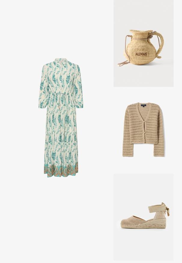 Beige gehaakte cardigan met lange mouwen, V-hals, twee knopen aan de voorkant en een licht cropped pasvorm.; Lange, lichte jurk met een bloempatroon in teal en wit. Kenmerkt zich door een hoge halslijn, lange mouwen en een decoratieve gouden zoom.; Beige espadrille met een canvas bovenwerk, een gestructureerde geweven hak en een gevlochten juten zool; heeft een gestrikte enkelband voor een veilige pasvorm.; Ronde gevlochten strohandtas met een handvat van touw en "ALEMAIS" geborduurd aan de zijkant in bruine draad.