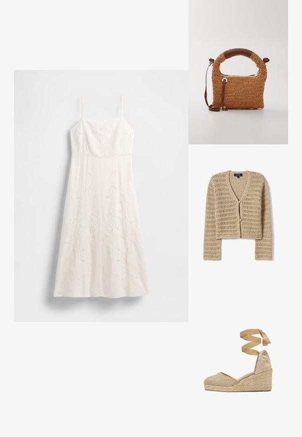 Cárdigan tejido de crochet beige con mangas largas, escote en V, dos botones frontales y un corte ligeramente cropped.; Vestido blanco hasta la rodilla con tirantes finos, bordado floral y detalles recortados. Confeccionado con tela ligera y una silueta fluida.; Zapato cuña espadrille beige con suela de yute trenzado y correa para atar alrededor del tobillo, empeine de tela texturizada y punta cerrada.; Bolso de mano tejido marrón con un asa redondeada. Presenta un cierre con cremallera y una correa ajustable, complementado por un acento de cuero en el asa.