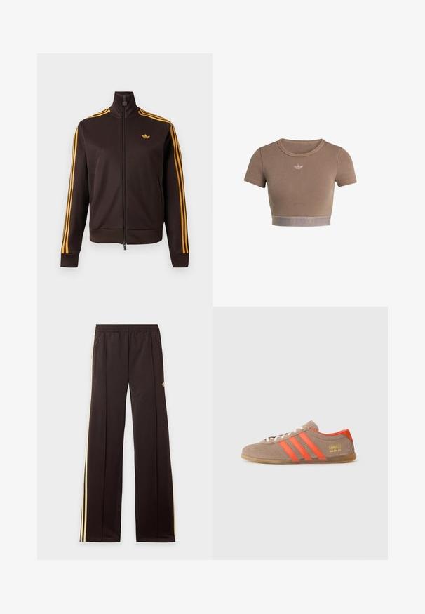 Chaqueta de chándal negra con cremallera, con tres rayas naranjas en las mangas y logo de Adidas naranja en el pecho, cuello alto y bolsillos laterales con cremallera.; Top corto marrón acanalado con mangas cortas, escote redondo y una banda texturizada en la parte inferior que presenta un sutil patrón de logo.; Pantalones de chándal negros con rayas amarillas laterales, cintura elástica, bolsillos laterales con cremallera y un pequeño logo en el muslo superior.; Zapatillas de ante marrón con tres rayas naranjas brillantes, parte frontal con cordones y el logo dorado "Gazelle" en el lateral. Suela de goma plana.