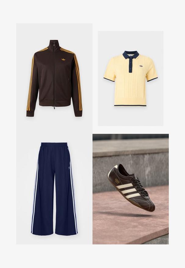 Chaqueta de chándal negra con cremallera, con tres rayas naranjas en las mangas y logo de Adidas naranja en el pecho, cuello alto y bolsillos laterales con cremallera.; Polo de punto amarillo de manga corta con cuello azul marino, tapeta de botones, puños, ribete en el bajo y pequeño logo bordado en el pecho.; adidas Originals PANT - Pantalones deportivos - night indigo; Zapatilla de cuero marrón con tres rayas blancas, superficie texturizada, diseño con cordones y suela de goma marrón. Presenta un logotipo en relieve en el lateral.